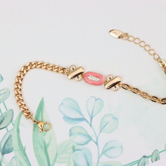 "Rose Gold Bracelet with Pink Enamel and Crystal Accents, XPBL0815 - Picture 3 of 12